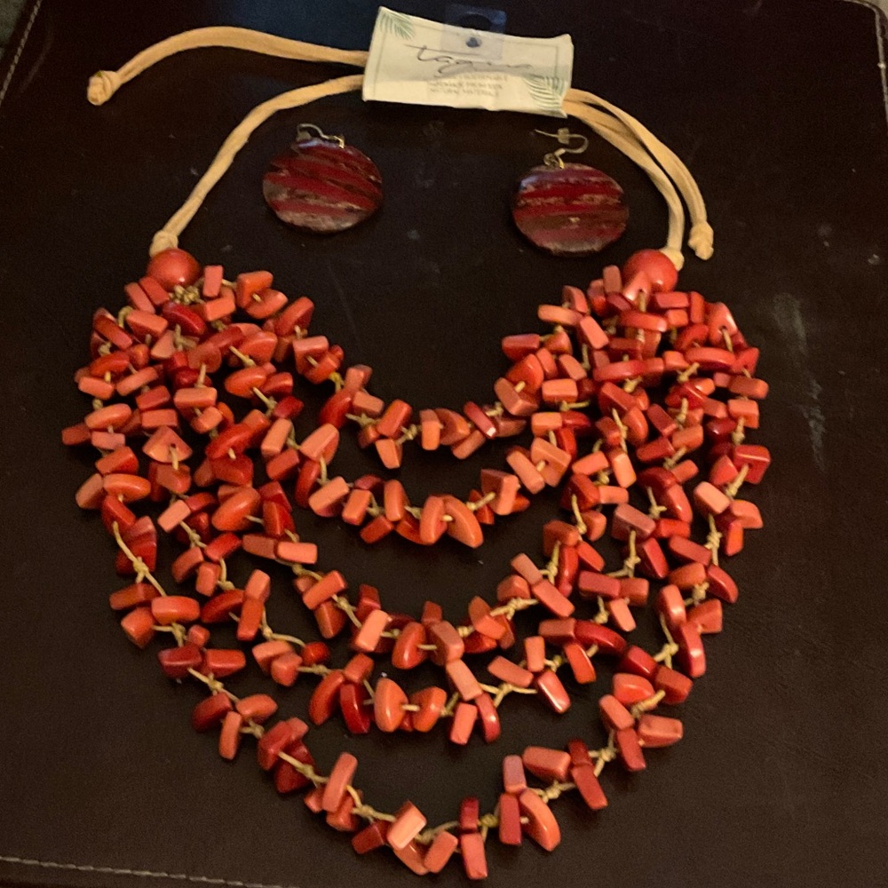 Multi-Strand Red Chip Bead Necklace with Matching Earrings.